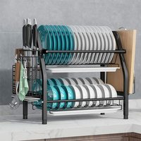 Égouttoir à vaisselle en acier inoxydable, 2 niveaux, avec porte-ustensiles, support de planche à découper et égouttoir à vaisselle, pour comptoir de cuisine