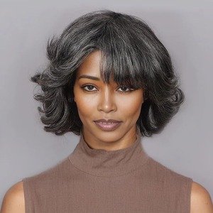 Perruques courtes bouclées en cheveux humains, mélange naturel gris foncé et clair, gris grand-mère, pour femmes matures, usage quotidien, perruque en cheveux naturels - Product Image 2