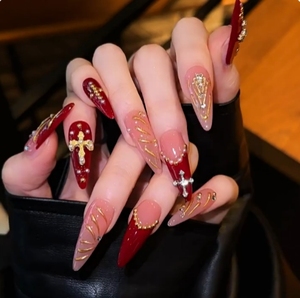 Faux ongles à presser faits main, style français, forme stiletto, 10 pièces, pour doigts - Product Image 2