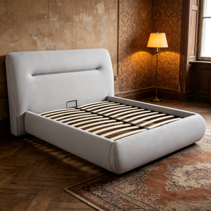 <span class=keywords><strong>Lit</strong></span> moderne en bois <span class=keywords><strong>blanc</strong></span> avec tête <span class=keywords><strong>de</strong></span> <span class=keywords><strong>lit</strong></span> capitonnée beige, personnalisable, grand rangement sous le <span class=keywords><strong>lit</strong></span>, mobilier <span class=keywords><strong>de</strong></span> chambre confortable - Product Image 1