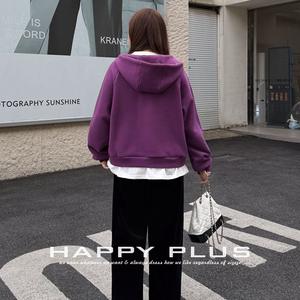 Sudadera con Capucha Forrada de Polar Happy Plus, Morado Gris Oscuro, Talla Grande, Cálida para Invierno, Corte Holgado, Prenda Casual para Mujer - Product Image 4