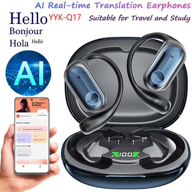 AI Translator Q17 Earbuds Wireless Translation HiFi Bass TWS for 5.4 IPX5 Waterproof LHDC Smart Language Translation