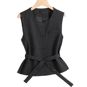 Women's Waist Cinching Vest Wide Leg Pants Set Solid Color Korean Style Spring Autumn Casual Suit Three Piece Outfit - Product Image 4