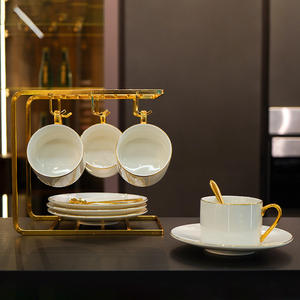 Golden Rim Ceramic Coffee Cup Set 6 Piece With Metal <b>Rack</b> Gold Plated Nordic Style For Party Use - Product Image 4