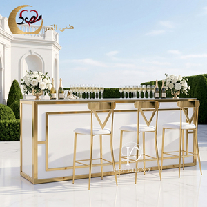 Comptoir de bar mobile pliable commercial contemporain pour hôtel, salon, événements, en acier inoxydable et verre avec éclairage LED - Product Image 1