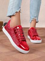 Sneakers tendance à paillettes rouges pour femmes, chaussures décontractées scintillantes pour les soirées, logo personnalisé, écologiques et confortables