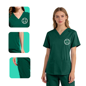 Women's Medical <b>Scrub</b> Set Solid Color Polyester V-Neck Short Sleeve With Pockets For Hospital Clinic Dental Workwear - Product Image 1