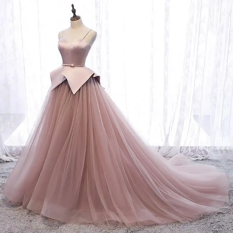 Latest Design Chapel Train Lady Dress Satin Spaghetti Strap Lace Pink Evening Dress drop shipping