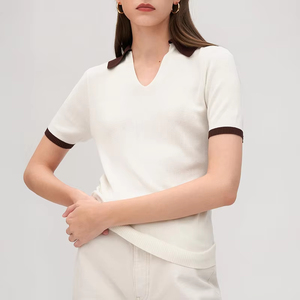 Fabricante de prendas de punto logotipo personalizado algodón seda punto bloque de color cuello vuelto manga corta Polo camiseta suéter para <span class=keywords><strong>mujer</strong></span> - Product Image 1