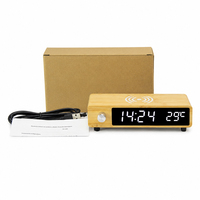EMAF Bambú Retro Perilla Temperatura Digital Alarma de madera Cargador inalámbrico electrónico Cargador inalámbrico Rápido Reloj de mesa de escritorio