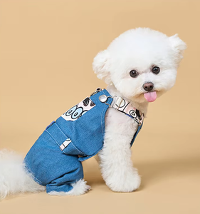 可愛いデニム製ペット用オーバーオール、調節可能なストラップと漫画柄のポケット付き、犬猫用卸売 - Product Image 5