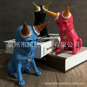 Ice Cream Dog Skull <b>Statue</b> Ornament Synthetic Resin Halloween Decoration Indoor Home Bedroom Desktop Gift Blue Pink Black - Product Image 1