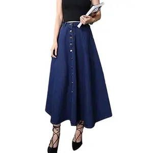 2022 Wholesale Women Girls Denim Cotton Latest Design Dress Slim Waist Solid Color Blue Hot Sale Fashion Button Long Skirts