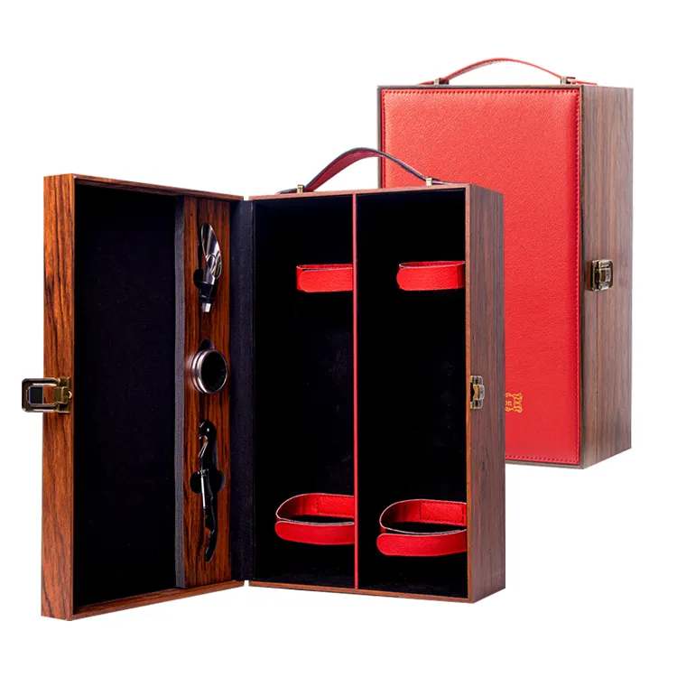 Luxury Wooden Leather Wine Gift Case Box Set 2 Bottles Wine Packaging Gift Case Box For Glass Bottle