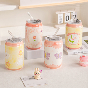 New Product Hand Painted Flower Ceramic Coffee Mug 500ml Can Shaped Ceramic Cups with Lid and Straw - Product Image 2