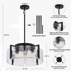 Lustre moderne de style farmhouse à 4 lumières noires pour salle à manger, <span class=keywords><strong>luminaire</strong></span> <span class=keywords><strong>suspendu</strong></span> en verre martelé, décoration de luxe, <span class=keywords><strong>luminaire</strong></span> pour <span class=keywords><strong>îlot</strong></span> de <span class=keywords><strong>cuisine</strong></span> - Product Image 4