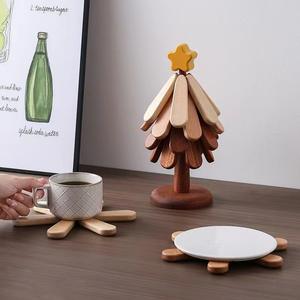 Latest Tree Shaped Custom Solid <b>Wood</b> Tea Drink Coaster Stand Laser Engraving Round <b>Trivets</b> Set With Holder for Hot Dishes - Product Image 4