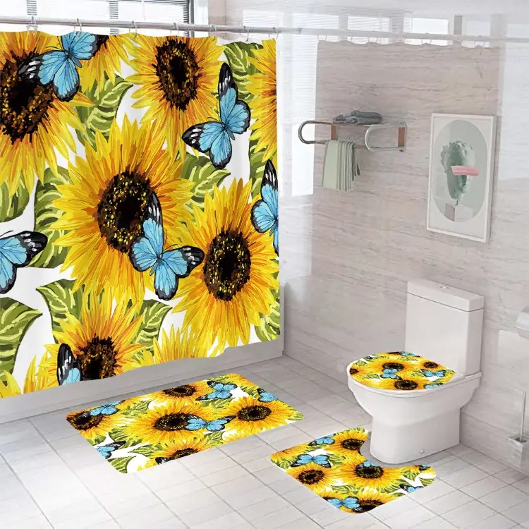 Luxury Shower Curtain Set Custom Bedroom Sunflower Print 100% Polyester Fabric Bath Room Curtain