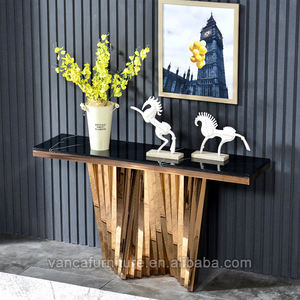 Table murale d'entrée en or brillant, table luxueuse et moderne, avec dessus en marbre, pour salon, 2 pièces - Product Image 4