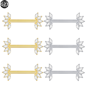 Piercings de mamelon filetés intérieurement en titane ASTM F136 Barbell de mamelon 14G avec 5 extrémités de ventilateur orientées vers l'avant Marquise CZ - Product Image 5