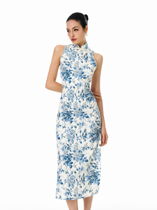 Cheongsam Personalizable de Estilo <span class=keywords><strong>Chino</strong></span> en Porcelana Azul y Blanca, Antiestático, con Costuras de Encaje, Sin Mangas, Cintura Alta, Modelo <span class=keywords><strong>A71</strong></span> - Product Image 3