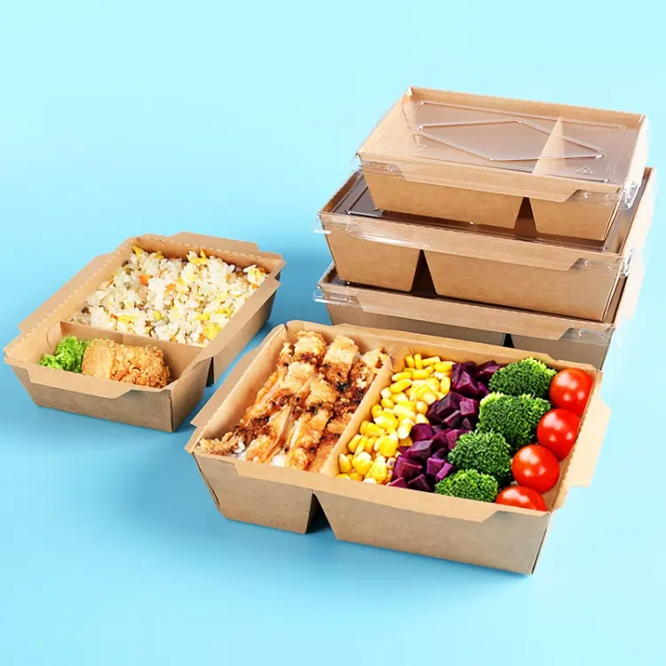Custom Eco friendly biodegradabile pasta di canna da zucchero in carta Kraft scatola per il pranzo contenitori per alimenti con coperchio