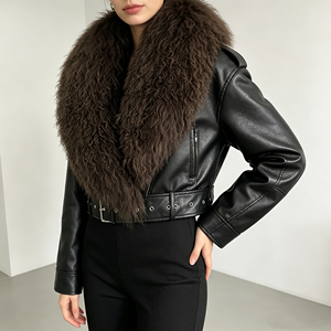 <span class=keywords><strong>Veste</strong></span> en cuir courte pour femmes, très tendance, avec col en fourrure de Mongolie véritable, <span class=keywords><strong>grande</strong></span> <span class=keywords><strong>taille</strong></span>, manteau de printemps et d'automne, vêtement d'extérieur en fourrure pour femmes - Product Image 1