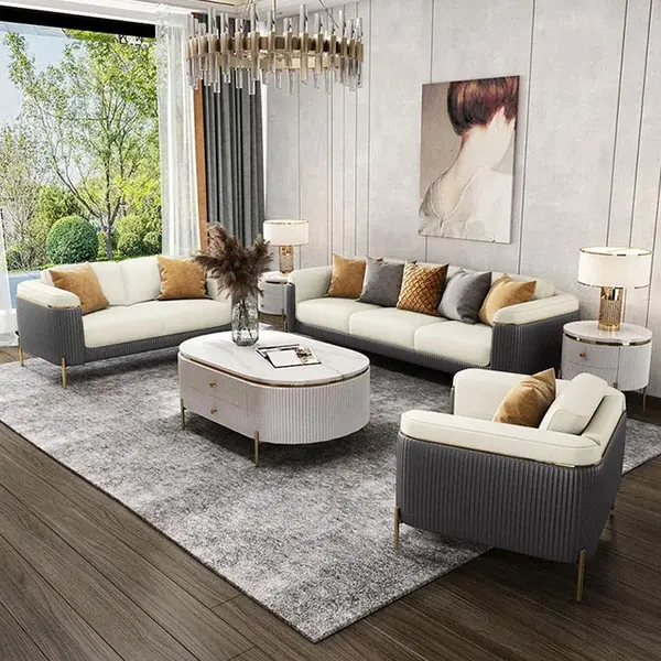 Vertex Grau & Beige Modernes Wohnzimmer Set Leder gepolstertes Sofa Set Kissen enthalten
