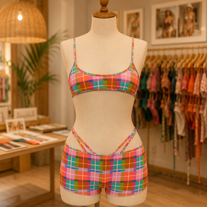 Ensemble <span class=keywords><strong>de</strong></span> maillots <span class=keywords><strong>de</strong></span> <span class=keywords><strong>bain</strong></span> personnalisés en tissu recyclé à couvrance totale avec bordure contrastante, fabricant <span class=keywords><strong>de</strong></span> bikinis texturés, <span class=keywords><strong>short</strong></span> <span class=keywords><strong>de</strong></span> plage pour femmes - Product Image 3