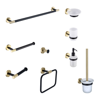 Ensemble de supports de salle de bain en laiton moleté noir mat : porte-serviettes, porte-rouleau de papier toilette, crochets, brosse WC, distributeur de savon et anneau porte-serviettes