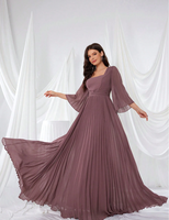 Robe de soirée formelle en mousseline de soie à col carré et manches longues pour femme, avec plis à la taille et fermeture éclair