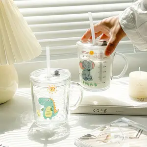 Vendedor superior 400ml/14oz Fox Owl Glass Water Mason Jar Kids Children Glass Drinking Beverage Cup con botella con asa