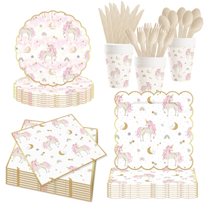 Vaisselle jetable pour fête d'anniversaire enfant DAMA, thème licorne rose, pour filles, baby shower, serviettes en papier, gobelets, assiettes - Product Image 5