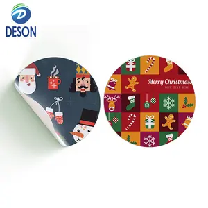 Deson Custom Logo Gestanst Zelfklevend Rond Pvc Emblemen Koffiekopje Waterfles Auto Schattig Cartoon Kerststickerslabel