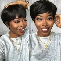 Perruque Courte Cheveux Humains Coupe Pixie Bouclée Naturelle pour Femmes Noires, Perruque Faite à la Machine avec Frange