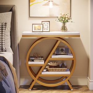 3-Tier Faux Marble <strong>Side</strong> <strong>Table</strong> With Storage, Wood <strong>Narrow</strong> Sofa <strong>Side</strong> <strong>Table</strong> Modern Nightstand and Bedside <strong>Table</strong> for Gold &amp; White - Product Image 4