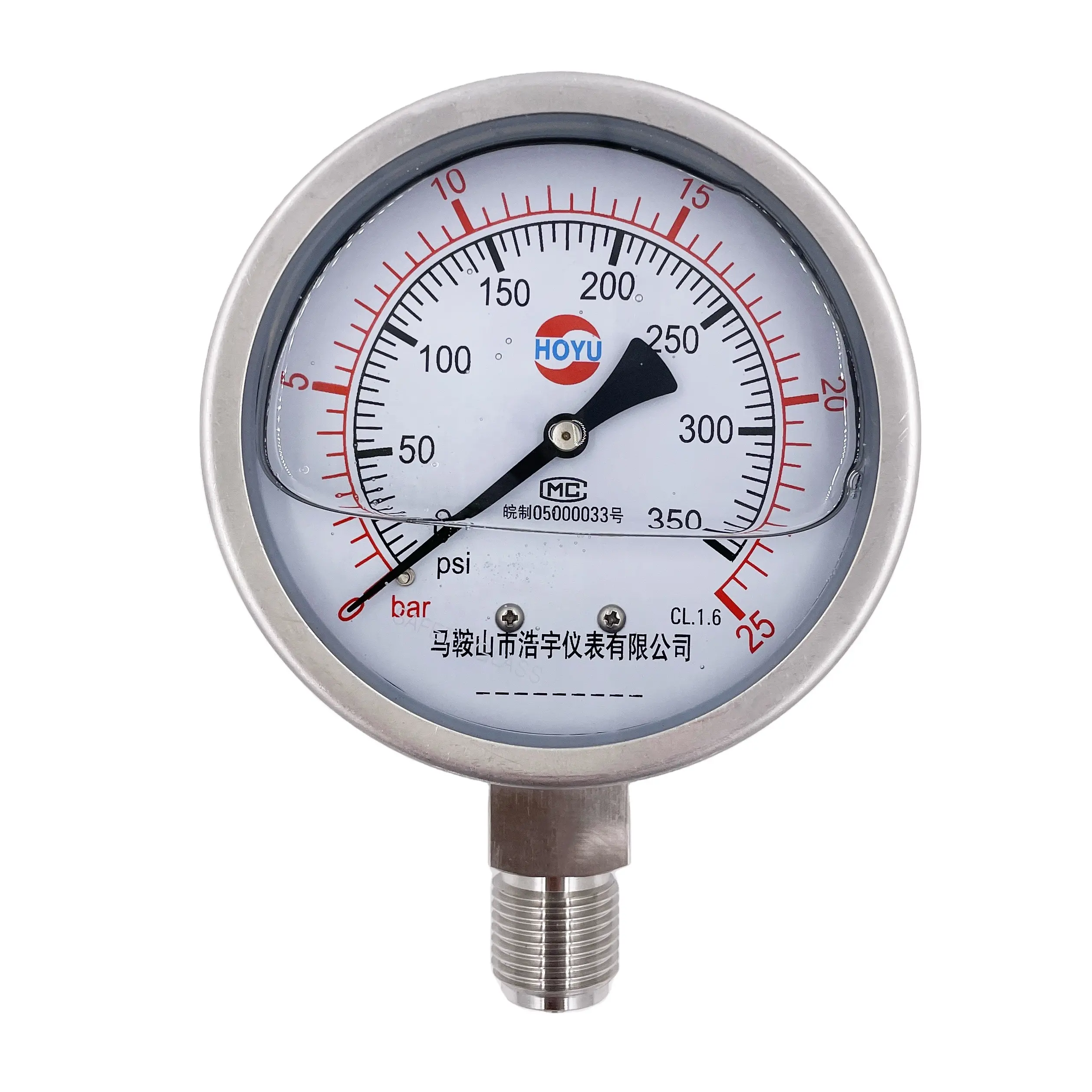 High end all stainless steel radial, shock and corrosion resistant hydraulic oil filled pressure gauge