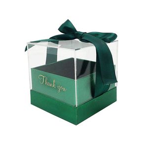 Dark Green Wedding Candy Gift Box PVC Plastic Box with Ribbon Packaging Chocolate Foldable