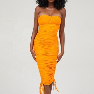 Weixin-ropa profesional personalizada para mujer, vestido Midi de señora de club nocturno, sin tirantes, color naranja, fruncido, para verano - Product Image 2