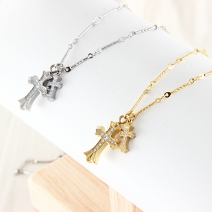 Collana con Doppia Croce in Zirconi, Ciondolo alla Moda con Catena per Uomo e Donna, Regalo per Coppie, in Acciaio Inossidabile Placcato Argento - Product Image 2