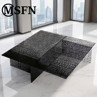 Table basse de salon moderne et minimaliste en acrylique noir texturé craquelé, à couches géométriques imbriquées, meuble d'appoint pour la maison