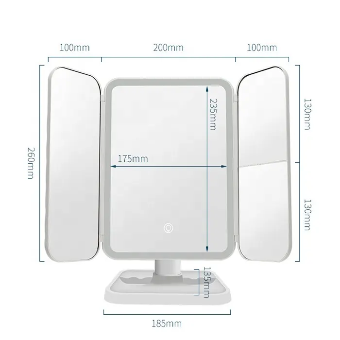 ที่จัดเก็บของในห้องน้ำ LED แบบไร้สายอิเล็กทรอนิกส์ชาร์จได้,กระจกแต่งหน้าพับสามทบขยายได้ควบคุมแบบสัมผัสหรี่ไฟได้