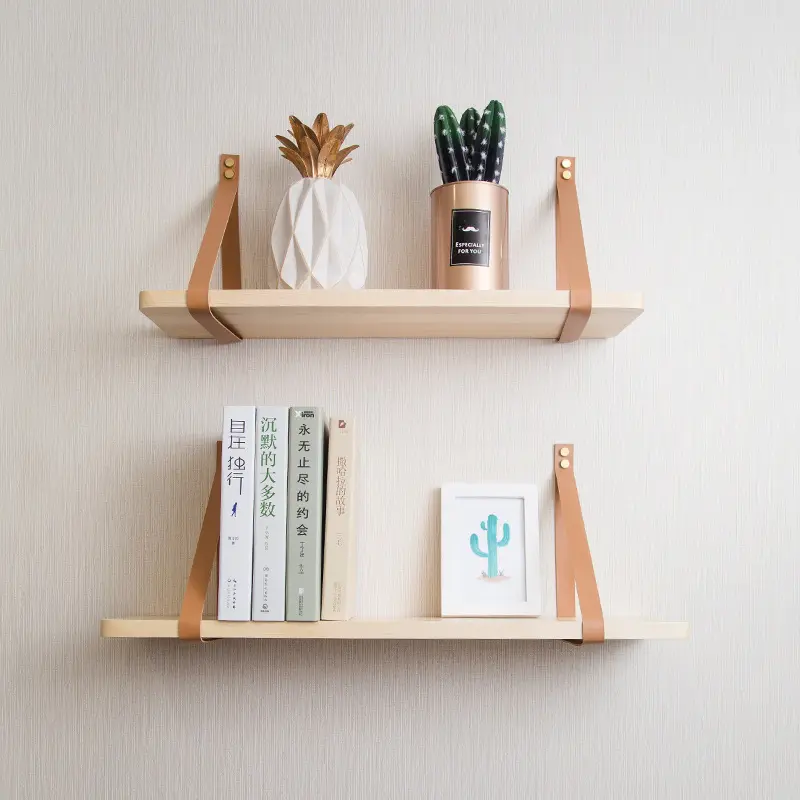 Wall Floating Storage ShelvesWood Wall Hanging Shelf with Leather Strap Swing Organizer
