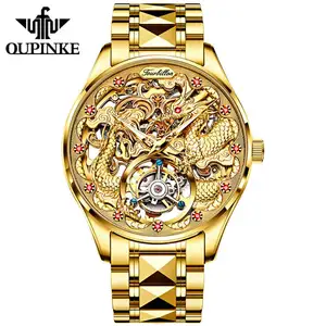 OUPINKE 3176G en lüks serin klasik çin ejderha izle Tourbillon safir mekanik paslanmaz çelik iş erkekler saat