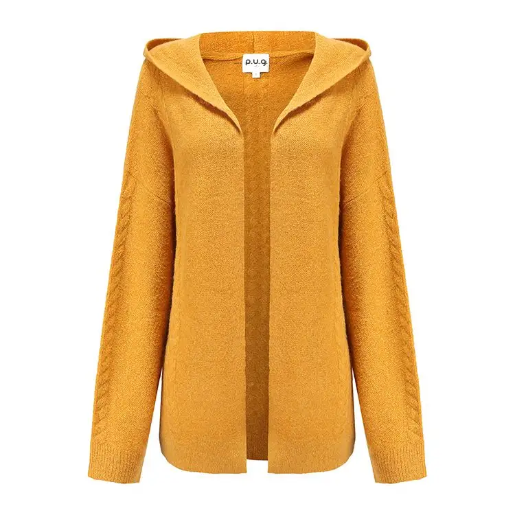 Factory Custom Logo Mohair Blend Hooded Long Sleeve Yellow Open Cardigan Women's Knit Sweater