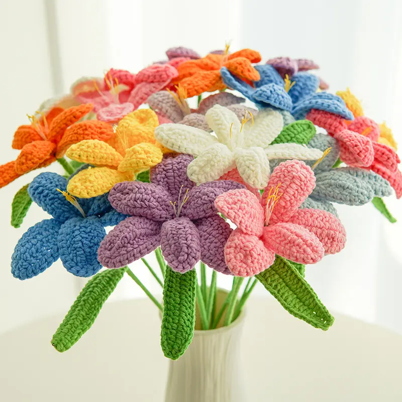 Crochet Yarn Wool Tulip Flower Finished Product Knitted Tulips Artificial Flower Hand Woven Single Tulip Bouquet For Home Decor