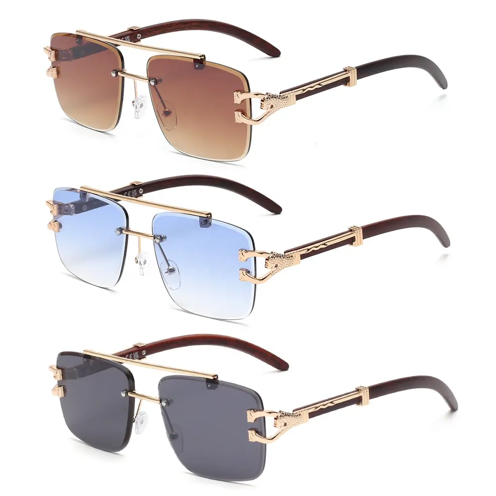 Retro Rimless Rectangle Sunglasses Wood Legs Custom Made Polarized Men Women Oem Double Bridge Metal Part Oversize Glasses