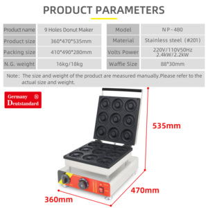 Jerman Deutstandard NP-537 elektrik 15 lingkaran mesin donat komersial 15 lubang antilengket <span class=keywords><strong>Mini</strong></span> baja tahan karat pembuat donat - Product Image 3