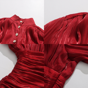 Vestido Mini Elegante Bege com Gola Alta para Mulheres, Manga Bufante, Cintura Franzida, Vestido de Festa em Camadas para Coquetel, Madrinha, Casamento - Atacado - Product Image 3