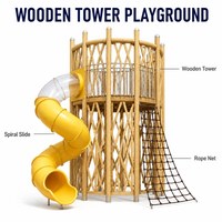 Tour de jeu en bois sur mesure avec toboggan en spirale, échelle en corde et rampe d'escalade pour équipement de jeu extérieur de parc et de maternelle